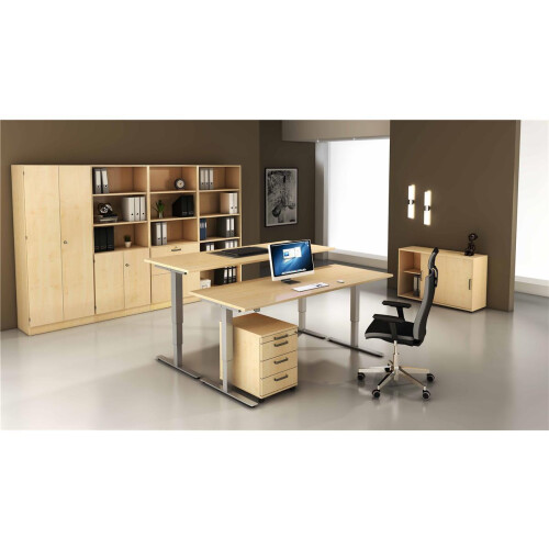 Aktenschrank 3 Ordnerhöhen mit Sockelblende, 80 cm Breit, 127 cm Hoch, abschließbar Grau/ Grau