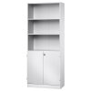 Aktenschrank 5 Ordnerhöhen mit Sockelblende, 2 OH Türen unten abschließbar, 3 OH Regal oben Ahorn/ Silber