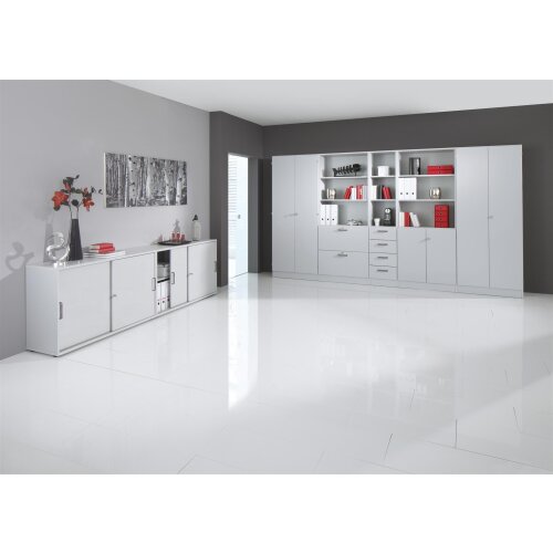 Aktenschrank 3 Ordnerhöhen mit Sockelblende, 80 cm Breit, 127 cm Hoch, abschließbar Weiss/ Weiss