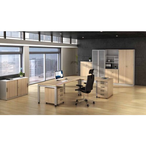 Aktenschrank 3 Ordnerhöhen mit Sockelblende, 80 cm Breit, 127 cm Hoch, abschließbar Weiss/ Weiss