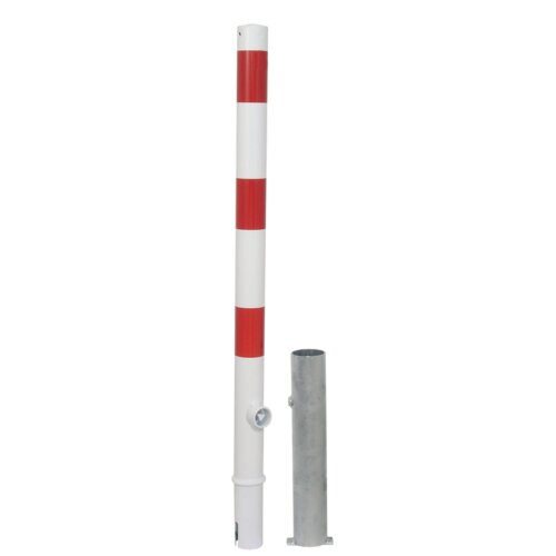 Absperrpfosten Bollard Ø 60 mm Bauart feststehend  Befestigung zum Aufdübeln mit Bodenplatte 150 x 100 mm  Gesamtlänge 900
