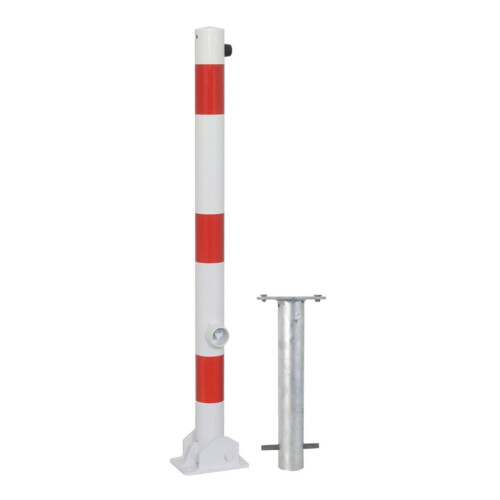 Absperrpfosten Bollard Ø 60 mm Bauart feststehend  Befestigung zum Aufdübeln mit Bodenplatte 150 x 100 mm  Gesamtlänge 900