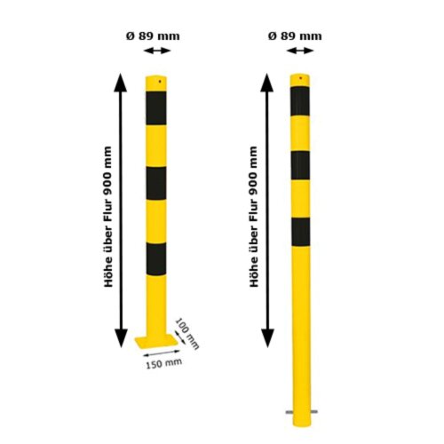Stahlrohrpoller/Rammschutzpoller Bollard Ø 89 mm Befestigung zum Aufdübeln mit Bodenplatte 100 x 150 mm  Gesamtlänge 900 Öse ohne Öse