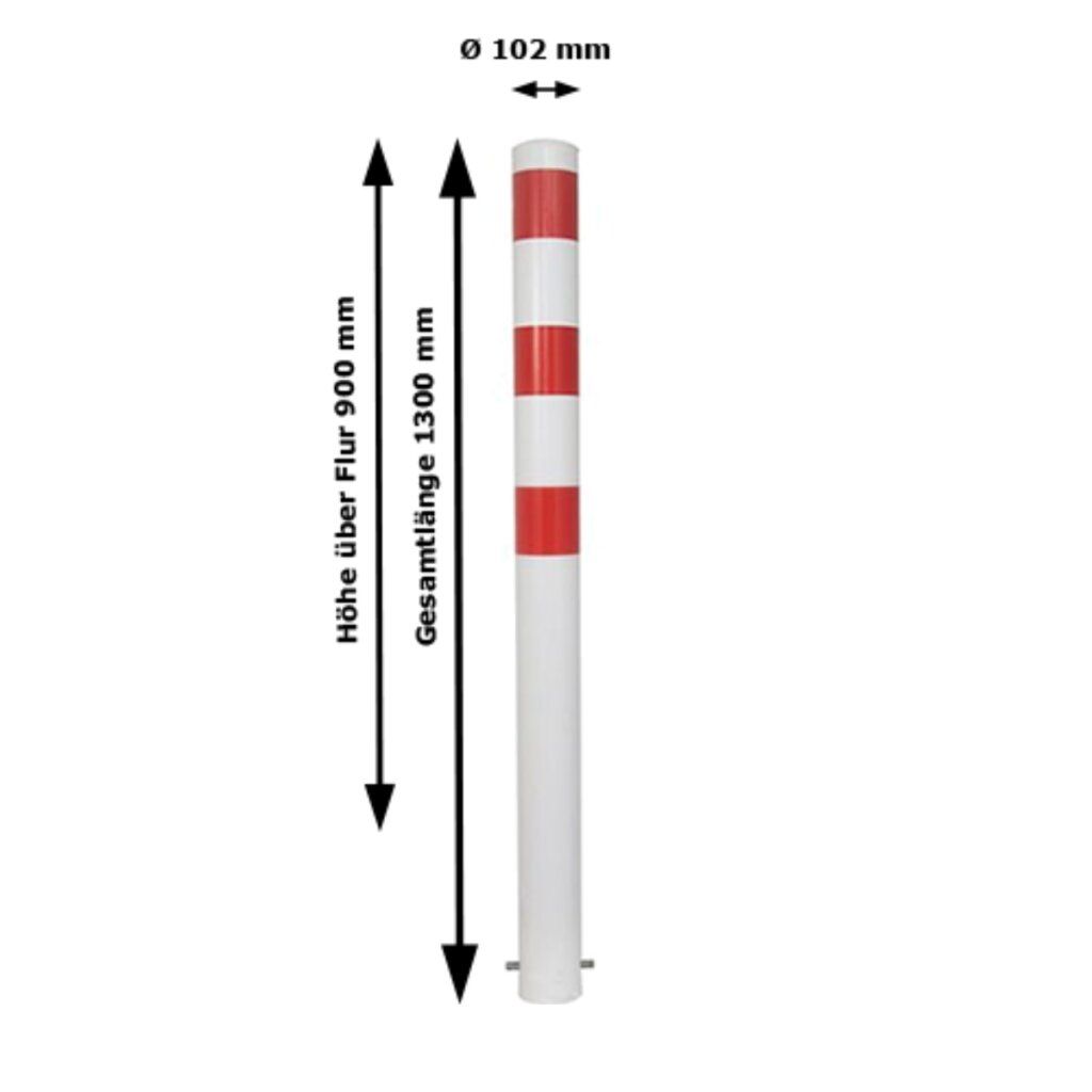 Produktbild von STEIN HGS Absperrpfosten ‚Bollard‘ Ø 60 Mm – Zum Einbetonieren, Weiß Mit 3 Roten Leuchtstreifen, Feststehend
