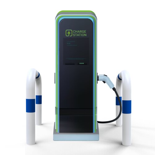 Rammschutzbügel als E-Ladesäulenschutz, Breite 750 mm, weiß, blau