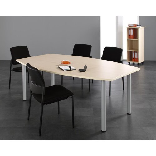 Besprechungstisch Bootsform  200 cm , 4-Fuss, Dekor: Buche, Gestell: Silber