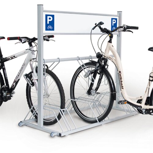 Werbe-Fahrradständer Security Station mit Laufrollen Druckarten ohne Digitaldruck  Farbe RAL 9006 Weißaluminium