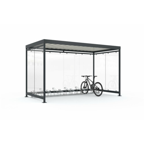 Fahrradüberdachung K4 b/b, einseitig Anlieferung und Montage Bausatz - Selbstabladung  Beleuchtung inkl. Beleuchtung (Elektroarbeiten müssen bauseits erfolgen)  Fahrradständer Typ 4500XBF für 6 Fahrräder (Radabstand 500 mm, ADFC-zertifizert)