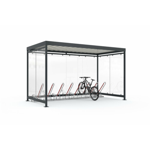 Fahrradüberdachung K4 b/b, einseitig Anlieferung und Montage Bausatz - Selbstabladung  Beleuchtung inkl. Beleuchtung (Elektroarbeiten müssen bauseits erfolgen)  Fahrradständer Typ 4500XBF für 6 Fahrräder (Radabstand 500 mm, ADFC-zertifizert)