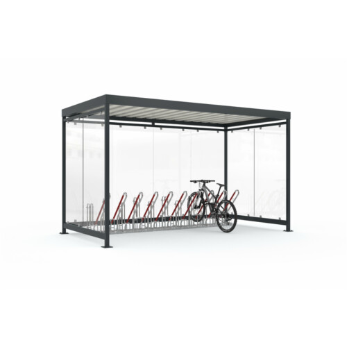 Fahrradüberdachung K4 b/b, einseitig Anlieferung und Montage Bausatz - Selbstabladung  Beleuchtung inkl. Beleuchtung (Elektroarbeiten müssen bauseits erfolgen)  Fahrradständer Typ 4500XBF für 6 Fahrräder (Radabstand 500 mm, ADFC-zertifizert)
