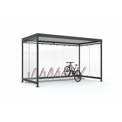 Fahrradüberdachung K4 b/b, einseitig Anlieferung und Montage Bausatz - Selbstabladung  Beleuchtung inkl. Beleuchtung (Elektroarbeiten müssen bauseits erfolgen)  Fahrradständer Typ 4500XBF für 6 Fahrräder (Radabstand 500 mm, ADFC-zertifizert)