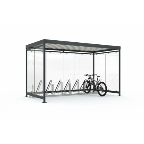 Fahrradüberdachung K4 b/b, einseitig Anlieferung und Montage Bausatz - Selbstabladung  Beleuchtung inkl. Beleuchtung (Elektroarbeiten müssen bauseits erfolgen)  Fahrradständer Typ 4500XBF für 6 Fahrräder (Radabstand 500 mm, ADFC-zertifizert)