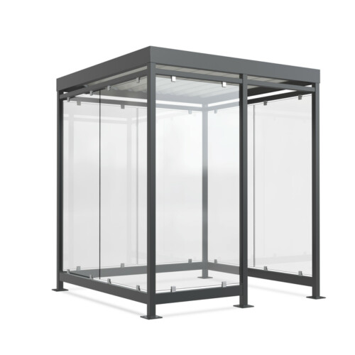 Raucherunterstand Modell K2 c/b Anlieferung und Montage Bausatz - Selbstabladung  Beleuchtung ohne  Seitenwände und Rückwand/Dekor/Sichtschutz mit Glasdekor / Siebdruck - Farbe RAL 9010 reinweiß (ähnlich)