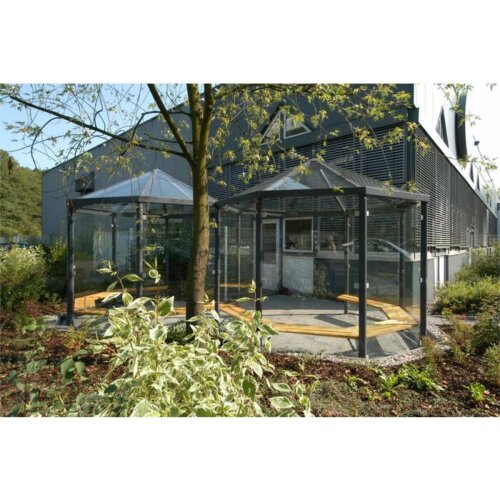 Raucherunterstand Paris P802/VSG Beleuchtung ohne  Seitenwände/Dekor/Sichtschutz ohne Seitenwände  Sitzbänke ohne