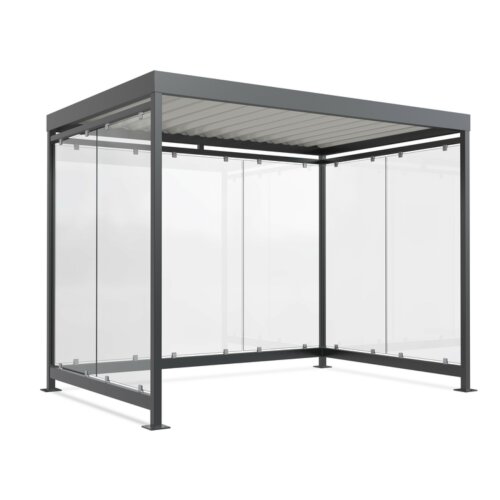 Wartehalle Modell K3 b/b, einseitig Anlieferung und Montage fertig montiert - Abladung per LKW-Kran  Beleuchtung inkl. Beleuchtung + Präsenzmelder (Elektroarbeiten müssen bauseits erfolgen)  Seitenwände und Rückwand/Dekor/Sichtschutz mit Glasdekor / Sie