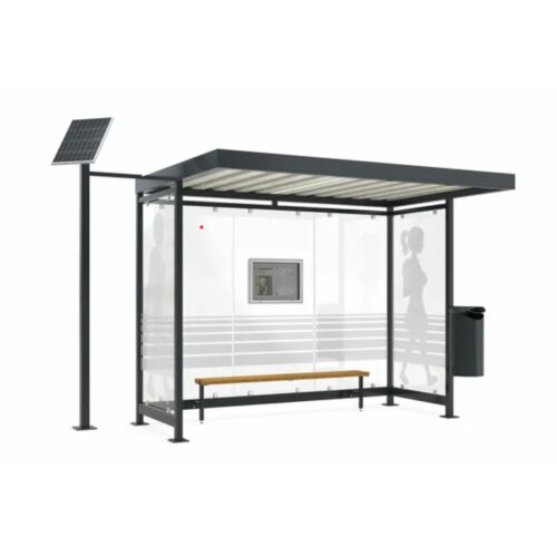 Wartehalle Modell K3 b/b, einseitig Anlieferung und Montage fertig montiert - Abladung per LKW-Kran  Beleuchtung inkl. Beleuchtung + Präsenzmelder (Elektroarbeiten müssen bauseits erfolgen)  Seitenwände und Rückwand/Dekor/Sichtschutz mit Glasdekor / Sie