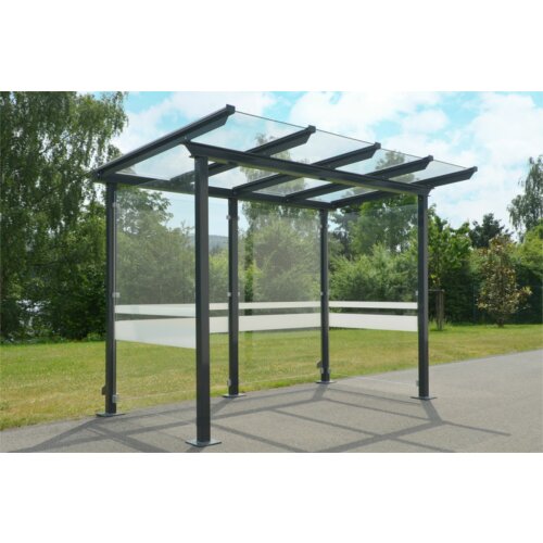 Wartehalle Modell P12, einseitig Anlieferung fertig montiert - Selbstabladung  Beleuchtung ohne  Seitenwände und Rückwand/Dekor/Sichtschutz ESG - glashell