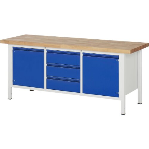 Werkbank mit Unterbau 2x Türe und 3x Schublade-  Serie Basel, Breite: 200 cm, mit Höhenverstellung, Farbe: Gestell: Graphitschwarz, Schublade/ Front: Anthrazitmetallic