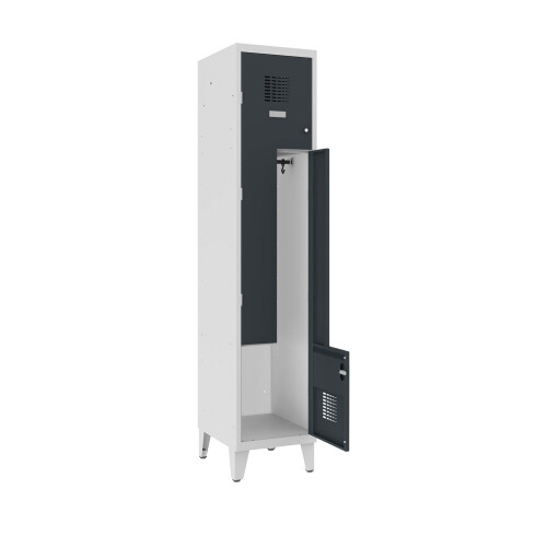 Z-Spind Select 2 Abteile Abteilbreite 400mm Korpus Lichtgrau RAL 7035 Türen Tiefschwarz RAL 9005 Drehriegel Auf Füssen
