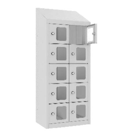 Kleinfachschrank 10 Fächer Korpus Lichtgrau RAL 7035 Türen Tiefschwarz RAL 9005 Türen mit Plexiglaseinsatz