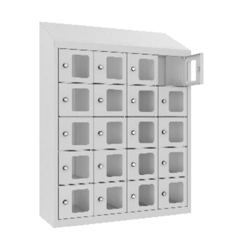 Kleinfachschrank 20 Fächer Korpus Lichtgrau RAL 7035 Türen Enzianblau RAL 5010 Türen mit Plexiglaseinsatz