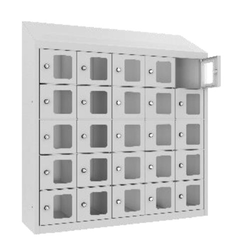 Kleinfachschrank 25 Fächer Korpus Weiss RAL 9010 Türen Reinorange RAL 2004 Türen mit Plexiglaseinsatz