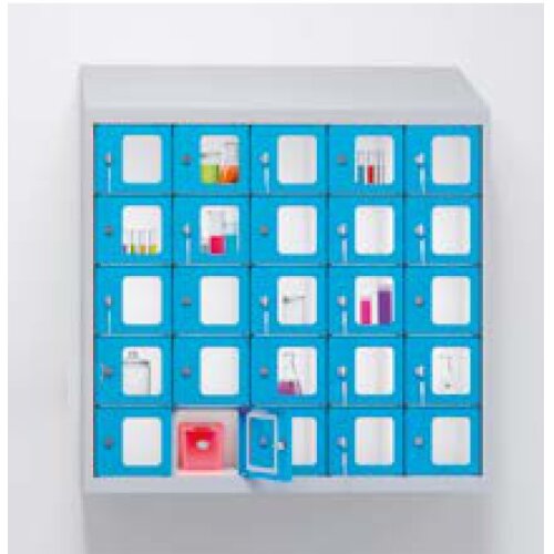 Kleinfachschrank 25 Fächer Korpus Weiss RAL 9010 Türen Reinorange RAL 2004 Türen mit Plexiglaseinsatz