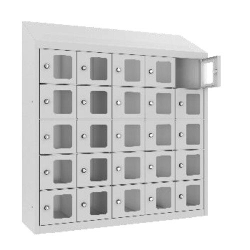 Kleinfachschrank 25 Fächer Korpus Tiefschwarz RAL 9005 Türen Verkehrsrot RAL 3020 Türen mit Plexiglaseinsatz