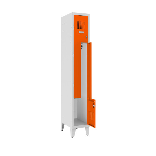 Z-Spind Select 2 Abteile Abteilbreite 300mm Korpus Lichtgrau RAL 7035 Türen Reinorange RAL 2004 Drehriegel Auf Füssen