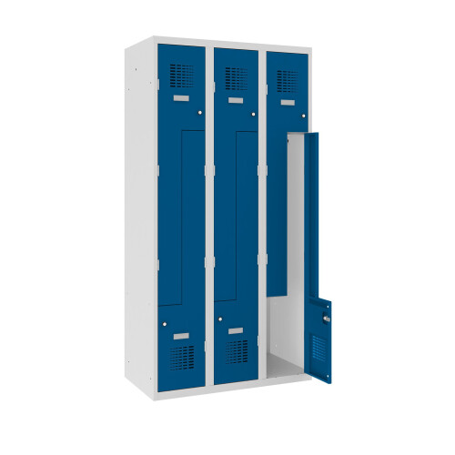 Z-Spind Select 6 Abteile Abteilbreite 300mm Korpus Lichtgrau RAL 7035 Türen Enzianblau RAL 5010 Zylinderschloss Sockel