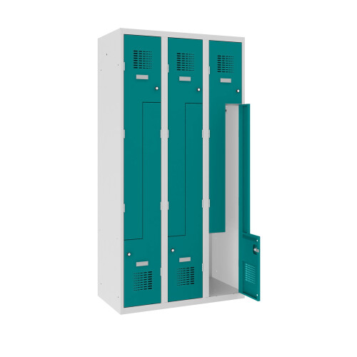 Z-Spind Select 6 Abteile Abteilbreite 300mm Korpus Lichtgrau RAL 7035 Türen Türkisblau RAL 5018 Zylinderschloss Sockel