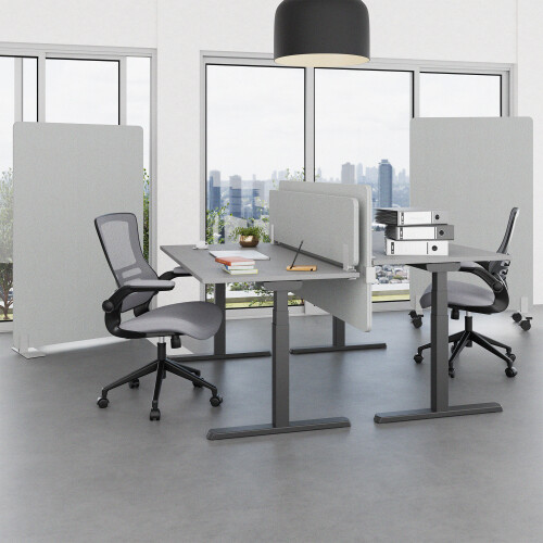 Akustik Tischtrennwand Schmal 180 cm Breite x 40 cm Höhe in Dunkelblau   Halterung in Weiss RAL9016