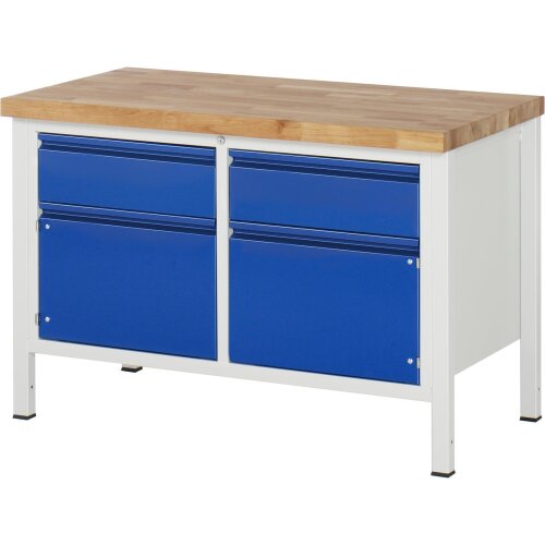 Werkbank mit Unterbauschrank links und rechts mit 1er Schublade und Türe-  Serie Basel, Breite: 150 cm, ohne Höhenverstellung, Farbe: Gestell: Anthrazitmetallic, Schublade/ Front: Lichtgrau