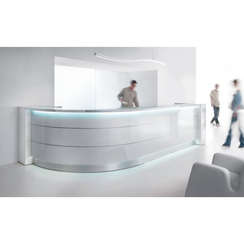 Empfangstheke Vero 421 cm breit mit Regal Endlement, L-Form, Bogen links oder rechts
