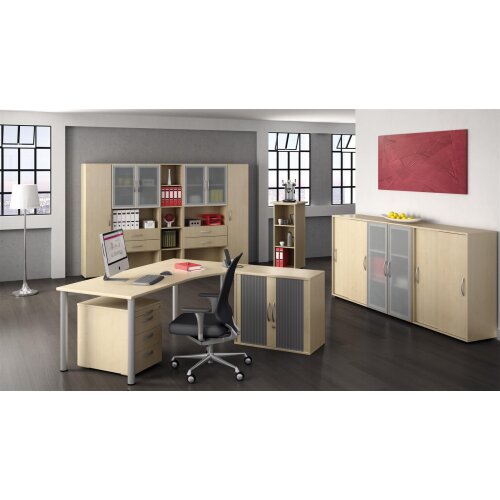 Schreibtisch PC-Form rechts  Rundfuss, höhenverstellbar, 180 cm breit Nussbaum Dunkel/Anthrazit