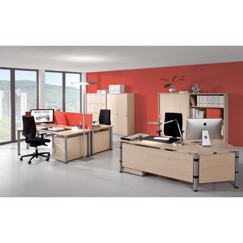 Schreibtisch PC-Form rechts  Rundfuss, höhenverstellbar, 180 cm breit Nussbaum Dunkel/Anthrazit