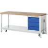 Fahrbare Werkbank absenkbar  mit 3 Schubladen, Breite: 200 cm, Feuerrot, Farbe: Gestell: Lichtgrau, Schublade/ Front: Feuerrot