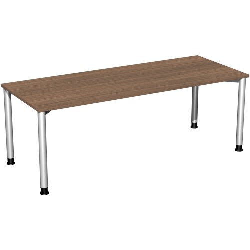 Schreibtisch Rundfuss, höhenverstellbar, 200x80 cm Nussbaum Dunkel/Silber