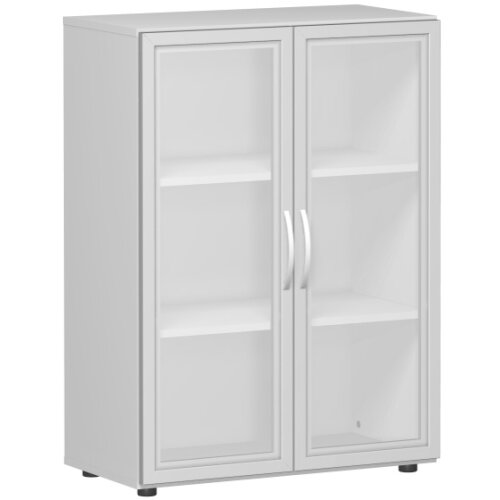 Aktenschrank 3 Ordnerhöhen mit satinierten Glastüren 110 cm hoch 80 cm breit, Dekor Korpus und Front in Lichtgrau