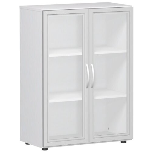 Aktenschrank 3 Ordnerhöhen mit satinierten Glastüren 110 cm hoch 80 cm breit, Dekor Korpus und Front in Weiss