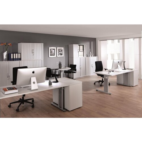 Aktenschrank 3 Ordnerhöhen mit satinierten Glastüren 110 cm hoch 80 cm breit, Dekor Korpus und Front in Weiss