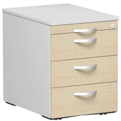 Rollcontainer 60 cm tief, 3+1 Schubladen, Dekor Front: Ahorn, Dekor Korpus: Lichtgrau