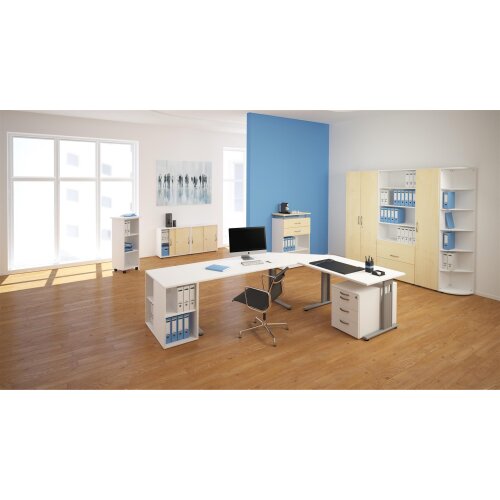 Rollcontainer 60 cm tief, 3+1 Schubladen, Dekor Front: Ahorn, Dekor Korpus: Lichtgrau