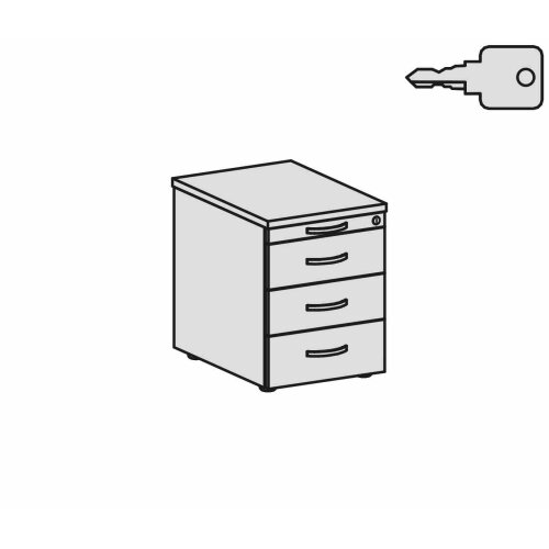 Rollcontainer 60 cm tief, 3+1 Schubladen, Dekor Front: Ahorn, Dekor Korpus: Lichtgrau