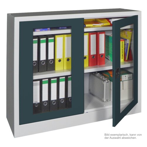 Stahlschrank mit Sichtfenstertüren 100 cm hoch, 100 cm breit,  50 cm tief