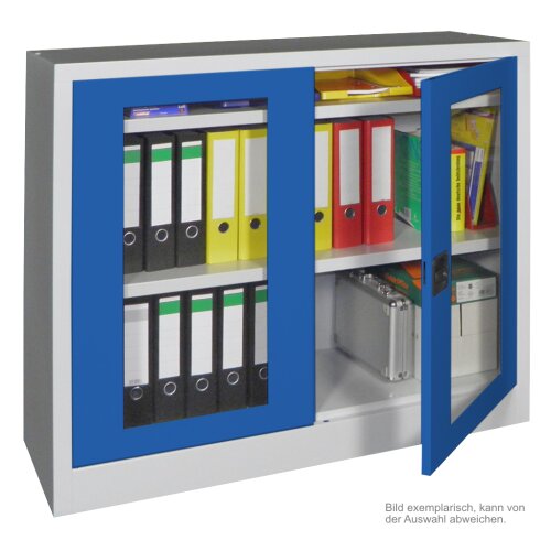 Stahlschrank mit Sichtfenstertüren 100 cm hoch, 100 cm breit,  60 cm tief