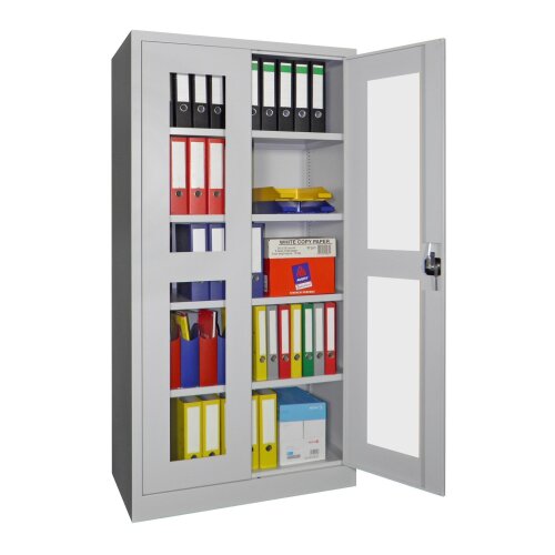 Stahlschrank mit Sichtfenstertüren 195 cm hoch, 100cm breit, 60 cm tief, Korpus: Reinweiß, Türen: Reinweiß, Fachböden: gepulvert in Korpusfarbe