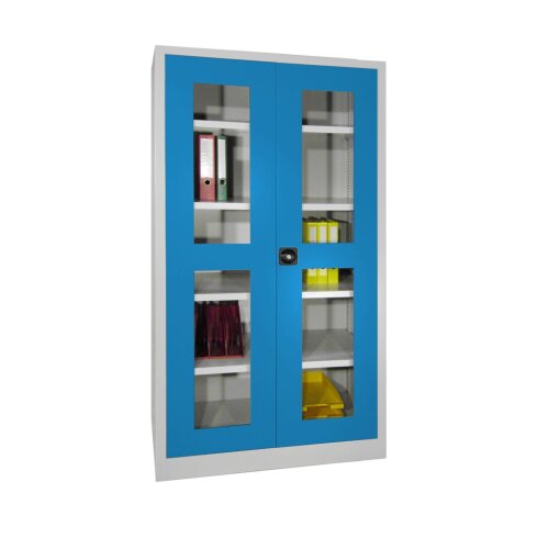 Stahlschrank mit Sichtfenstertüren 195 cm hoch, 100cm breit, 60 cm tief, Korpus: Reinweiß, Türen: Reinweiß, Fachböden: gepulvert in Korpusfarbe