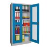 Stahlschrank mit Sichtfenstertüren 195 cm hoch, 100cm breit, 60 cm tief, Korpus: Reinweiß, Türen: Reinweiß, Fachböden: gepulvert in Korpusfarbe