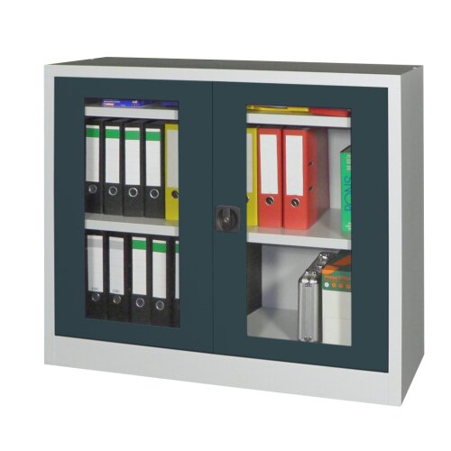 Stahlschrank mit Sichtfenstertüren 100 cm hoch, 120cm breit, 40 cm tief, Korpus: Lichtgrau, Türen: Lichtgrau, Fachböden: gepulvert in Korpusfarbe
